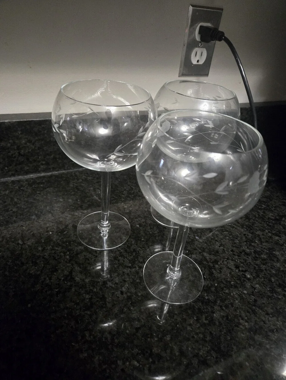 Princess House Etched Clear Glass Goblet Set 3— Elegant Clear Wine Glasses